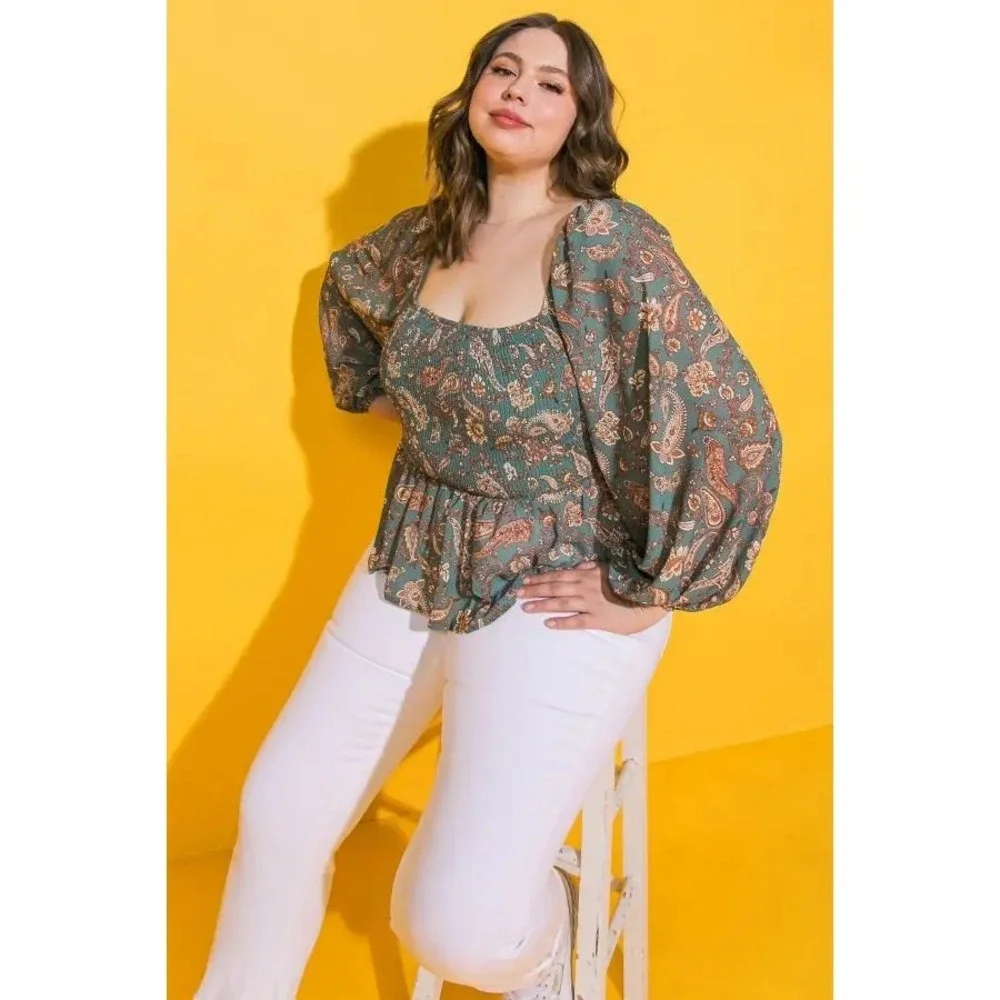 Flying Tomato Romantic Boho Green Paisley Balloon Sleeve Smocked Peplum Blouse